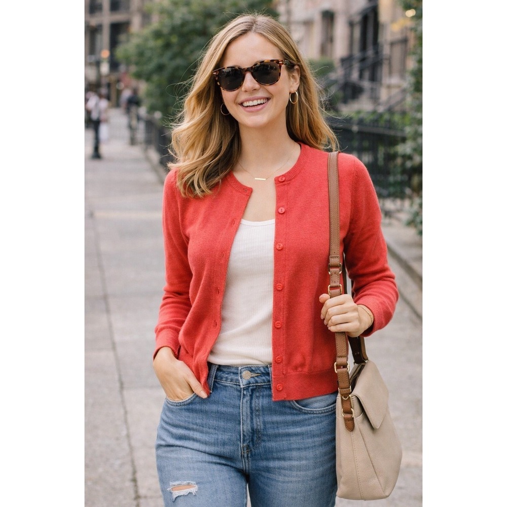 Ann Taylor Coral Merino Wool Cardigan‎ Sweater Women's Size M Classic